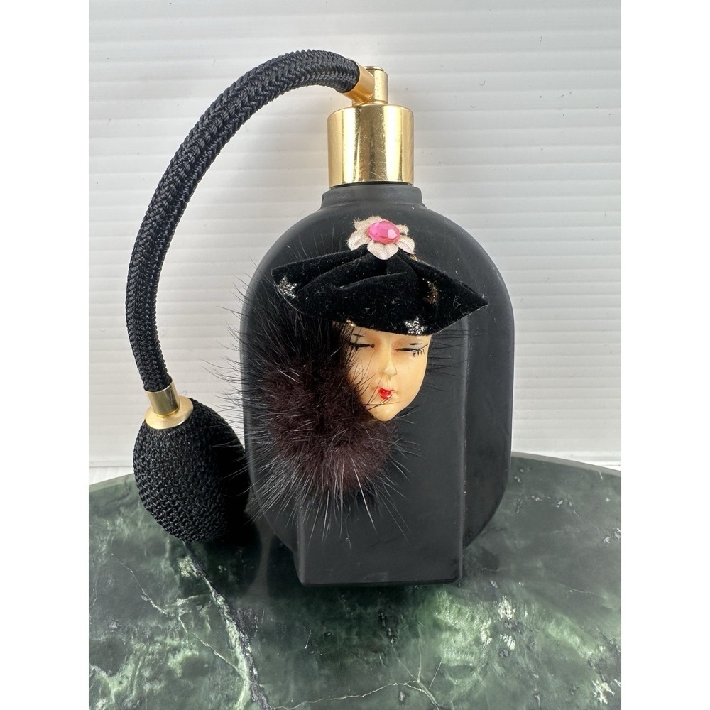 Vintage 3D Lady Face Fur Collar Black Perfume Bottle w/Tassel Atomizer Pump 5"